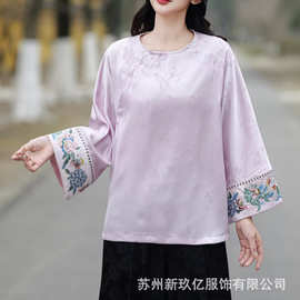 2026春季新款新中式缎面刺绣衬衫女民族风复古圆领宽松衬衣T恤衫