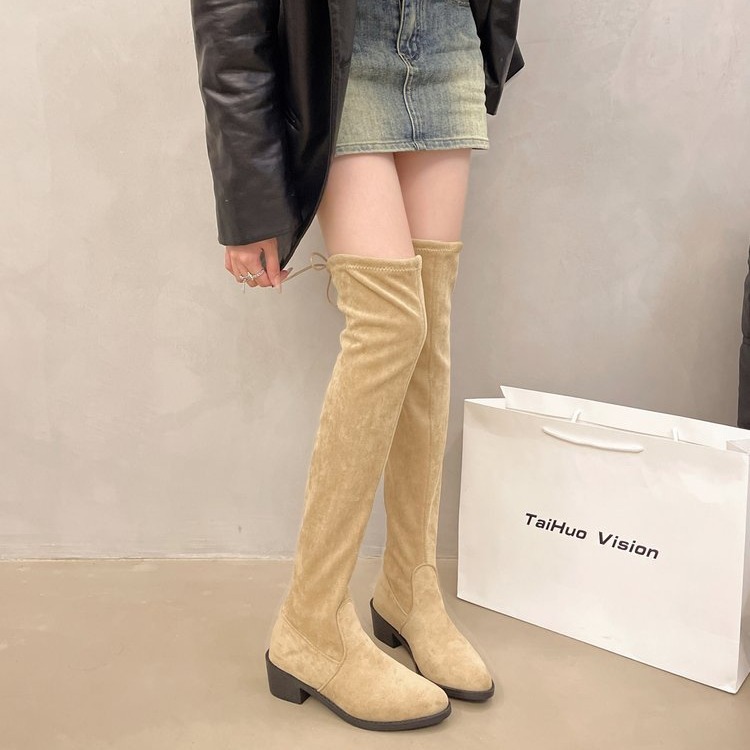 2024 new plus size versatile velvet style knee high fashion pointed thick heel slim elastic long boots_voghion.com