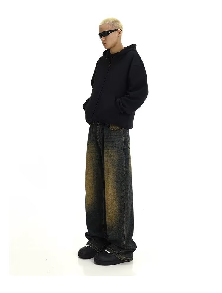 Vintage Washed Denim Jeans For Men - Classic Straight Leg Relaxed Fit Dad Jeans With Distressed Details, Comfortable Cotton Casual Pants Streetwear_mkmklike.com