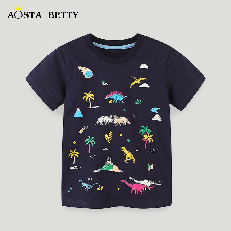 Camiseta de manga corta para niños de verano de estilo europeo y americano para niños dinosaurio de dibujos animados impreso casual Top bebé camisa de fondo de algodón