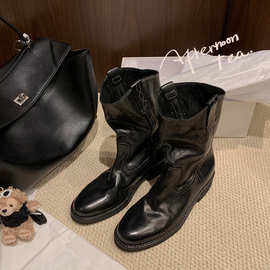 现货葡萄妈马皮尖圆头口机车靴女粗跟西部牛仔靴堆堆短靴