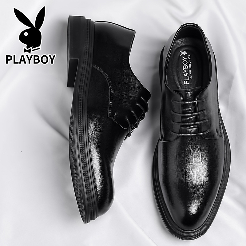 花花公子男鞋真皮春夏内增高6cm男款新郎结婚鞋商务正装镂空皮鞋