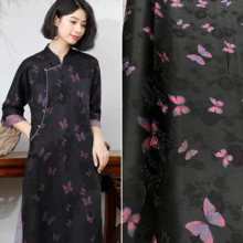 黑底紫蝴蝶真丝花罗香云纱旗袍连衣裙面料 夏日休闲时尚中式布料