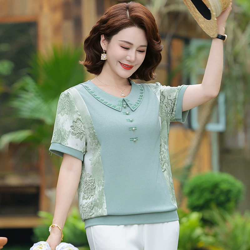Шифоновая рубашка для женщин, летний стиль для мам, блузка, уменьшающая возраст, новый китайский стиль, национальный стиль, женская футболка с короткими рукавами среднего и пожилого возраста.