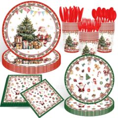 水彩クリスマスパーティー紙皿クリスマスツリーサンタクロース使い捨て紙コップティッシュテーブルクロスパーティー皿