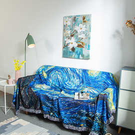 日系沙发盖布靠板背靠复古油画沙发盖布美化防尘罩子手绘星空毯子