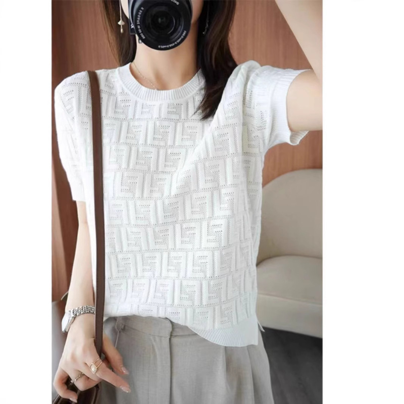 [Brand Selection] Women's Short-Sleeve Round-Neck Loose Hollow-Out Ice Silk Knit Top Thin T-Shirt for Summer