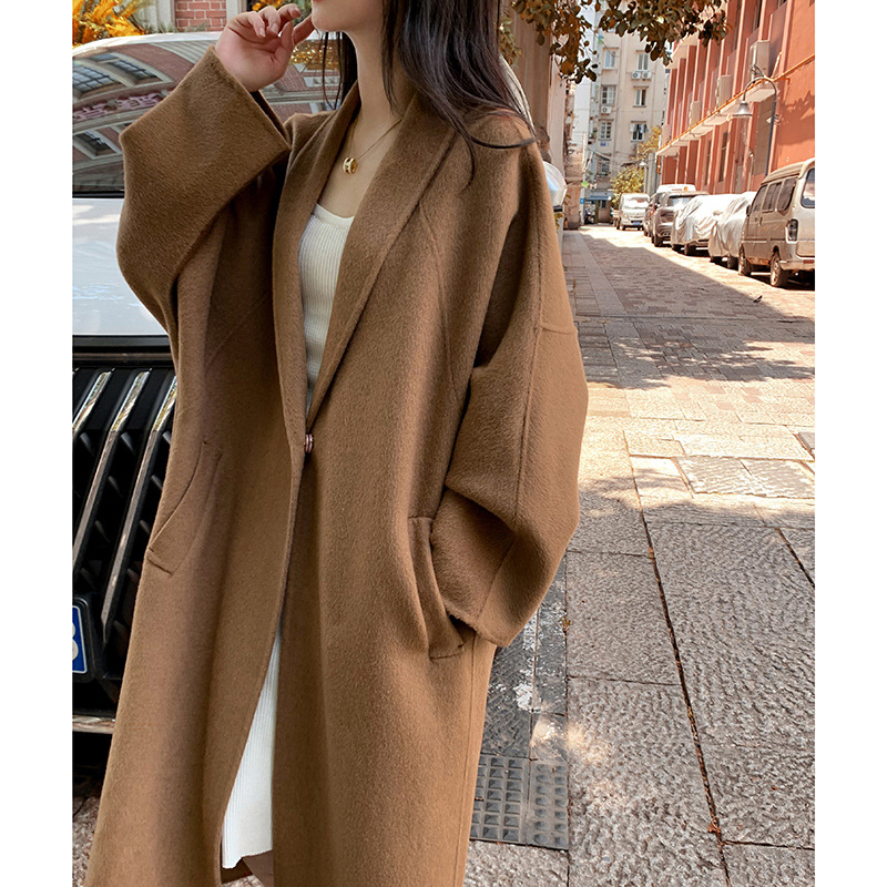 Autumn and winter 2024 high-grade camel velvet shawl collar double-sided coat relaxed-fit cocoon wool cashmere coat for women