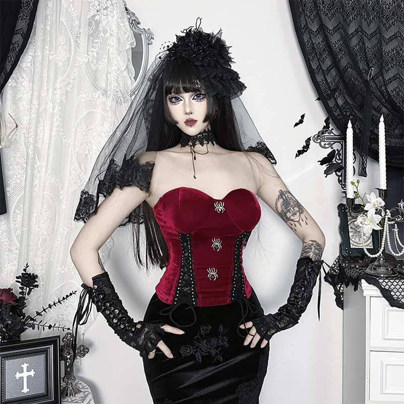 Cf25291 Dark Subculture Velvet Corset with Spider Decoration, Lace Rivets, and Gothic Straps Cf25291 Dark Subculture Velvet Corset with Spider Decoration, Lace Rivets, and Gothic Straps