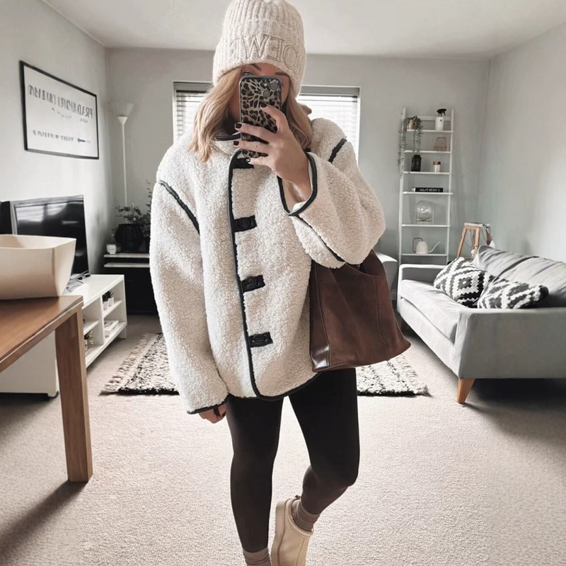 2024 Autumn/Winter New Women's Fashion Versatile Stand Collar Single-Breasted Long Sleeve Pocket Loose Casual Lamb Wool Jacket Coat 2024 Autumn/Winter New Women's Fashion Versatile Stand Collar Single-Breasted Long Sleeve Pocket Loose Casual Lamb Wool Jacket Coat