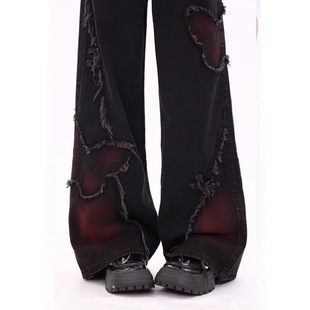 American Retro Butterfly Patch Straight-Leg Jeans for Women, High Street Sweet Cool Tie-Dye High-Waisted Embroidered Loose Design Long Pants