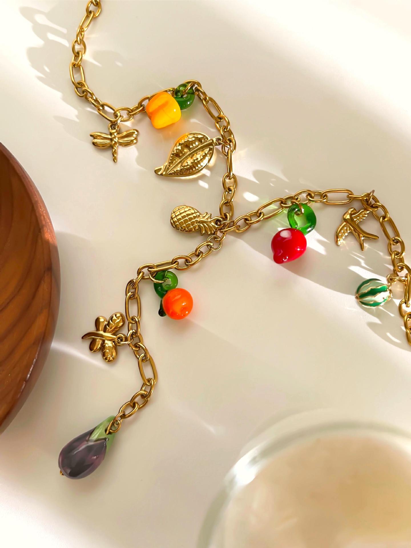 Fruit Pattern Women's Gender PVD Coated Real Gold Plated Fruit 304 Stainless Steel Glass Simple Style Classic Style Waterproof Non Tarnish Surgical Steel Plating Lobster Trigger Clasp Closure Multi Charms Necklace