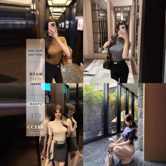 CCZEE row风纸片人半高领中袖上衣女秋修身百搭针织t恤
