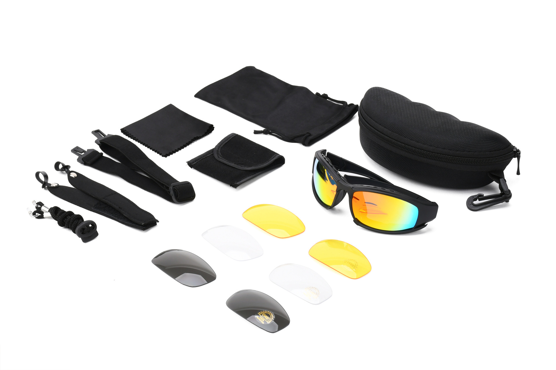 블랙 프레임 트루 레드 필름(단일 안경, 안경 케이스, 렌즈 가방, 예비 필름 3쌍(노란색 필름, 투명 필름 및 회색 필름), 미끄럼 방지 머리띠 및 충격 방지 프레임 패드)