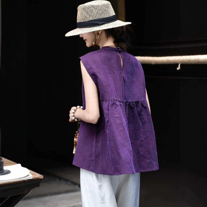 Crackle-Patterned Silk Xiangyun Yarn Sleeveless Top for Women, 2026 Vintage Loose Purple Summer Blouse Shirt
