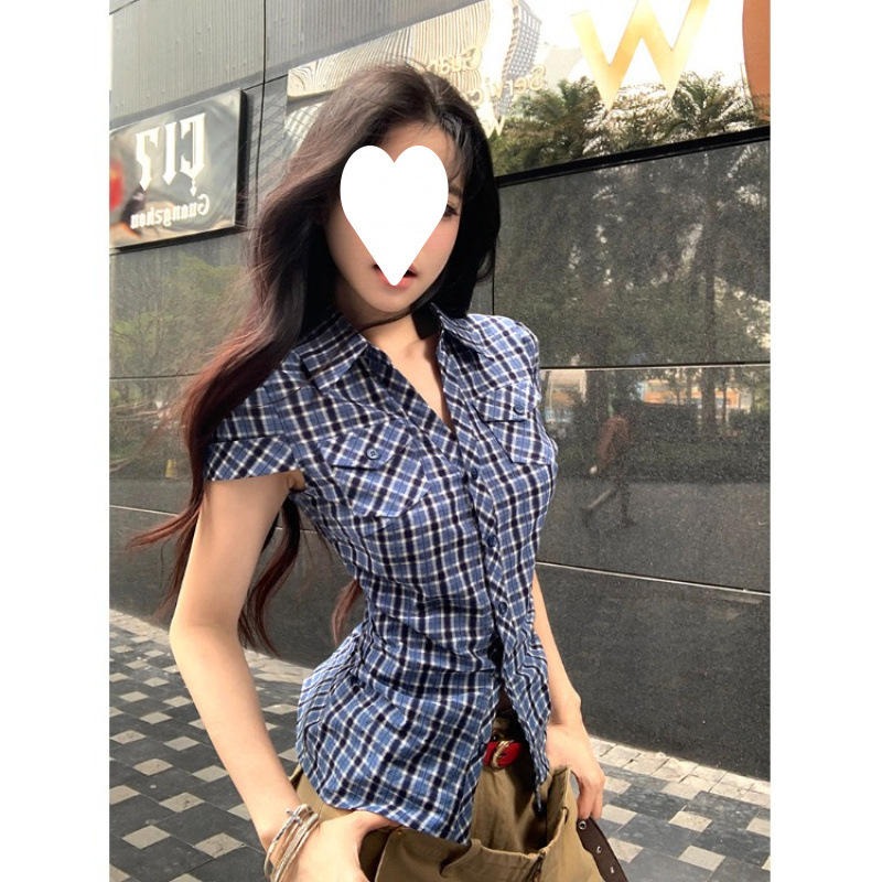 도매 [오리지널 체크 무늬] 여름 한국 스타일 허리 셔츠 디자인의 여성용 블루 체크 무늬 반팔 셔츠