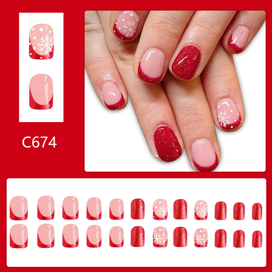 Short Glossy Square Armor 2024 New Christmas Glitter Snowflake Big Red French Nail Art Patch 24_voghion.com