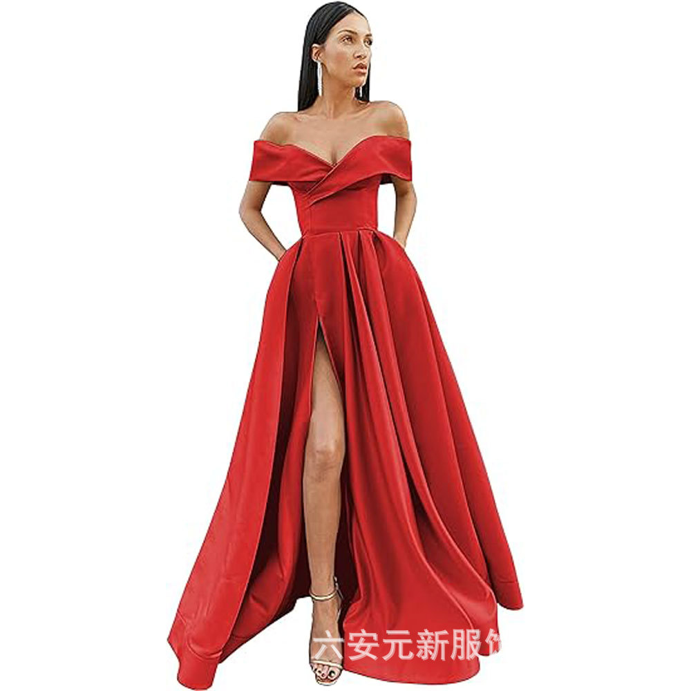 Amazon Comercio exterior fuera del hombro prom vestido de noche largo split sexy Fiesta de las mujeres vestido de banquete
