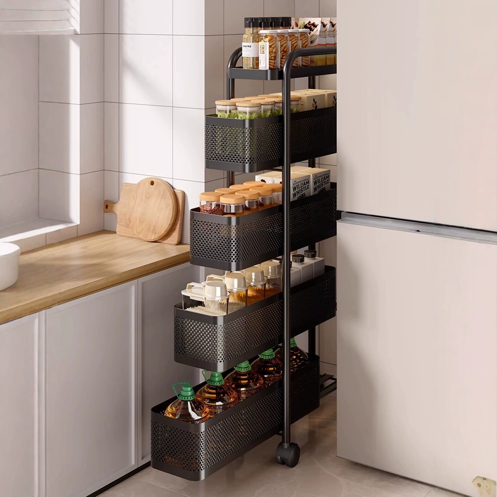 Многоярусная выдвижная тележка для хранения специй, узкая полка для хранения в щели между холодильником и кухонным шкафом