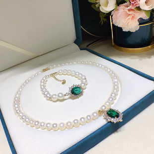 French Freshwater Pearl Necklace Bracelet Mother's Set Women's White 8-9mm Simple Fashion Jewelry