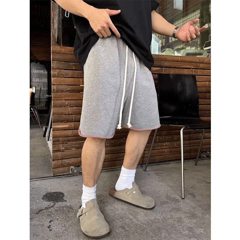 Men's Summer Washed Color-Blocked Heavyweight Terry Shorts with Double-Color Cuffs, Gray Casual Wide-Leg Pants Men's Summer Washed Color-Blocked Heavyweight Terry Shorts with Double-Color Cuffs, Gray Casual Wide-Leg Pants