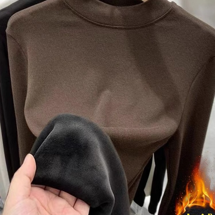fleece-lined Thickened Base Shirt Women's Autumn and Winter New Short-sleeved Warm Top Semi-high Collar T-shirt Long-sleeved Self-heating