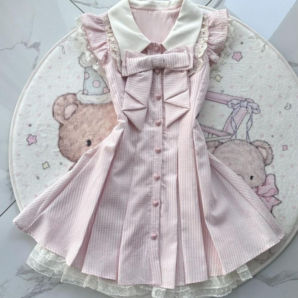 French Sweet Retro Pure Lust Dress with Bow, Small Flying Sleeves, Lace Waist, Pleated Skirt, Princess Skirt for Women