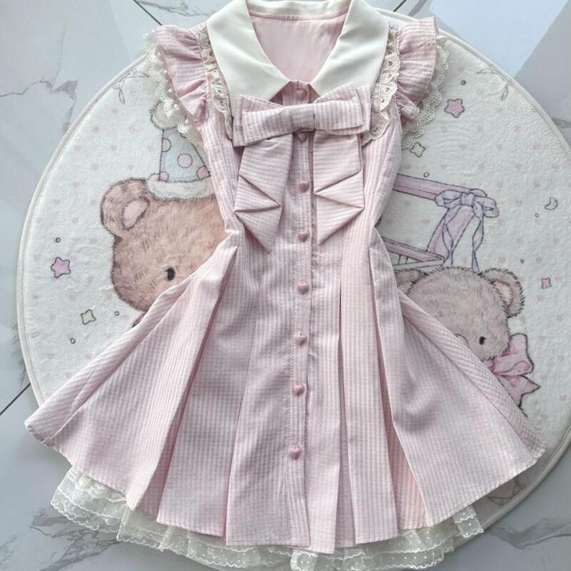 French Sweet Retro Pure Lust Dress with Bow, Small Flying Sleeves, Lace Waist, Pleated Skirt, Princess Skirt for Women