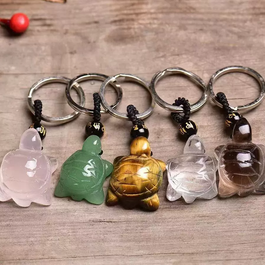 工厂批发天然白绿粉茶水晶虎眼石搭配六字真言钱龟钥匙扣吊坠