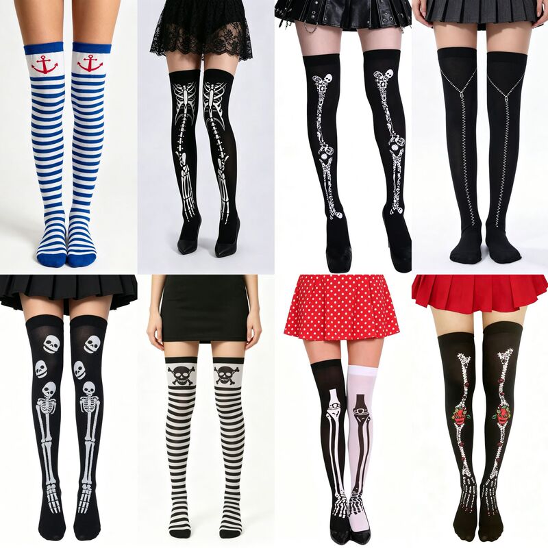 Halloween Over-The-Knee Stockings Collection: Bat, Skull, Spider, Poker Print Cosplay Party Costume High-Tube Stockings