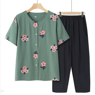 妈妈短袖夏装开衫上衣女宽松中老年人套装衬衫棉绸奶奶衣服两件套