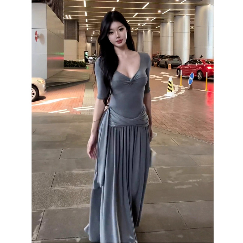 欧美跨境亚马逊法式纯欲灰色扭结连衣裙女夏季新款感气质收腰长裙|undefined