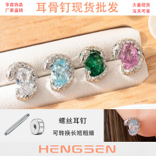 亨森椭圆形锆石盘旋蛇形耳钉双头螺丝拧杆钛钢耳骨钉高级感耳饰