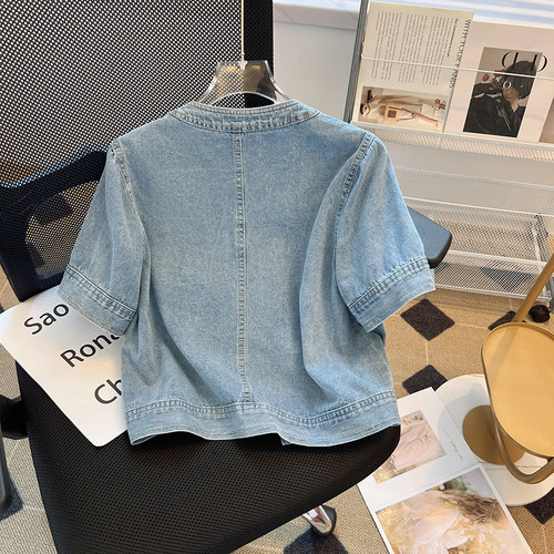 Women's Summer New Thin Round Neck Cowboy Style Denim Short Sleeve Jacket, Retro Overshirt, Short-Sleeve Top, Korean Style