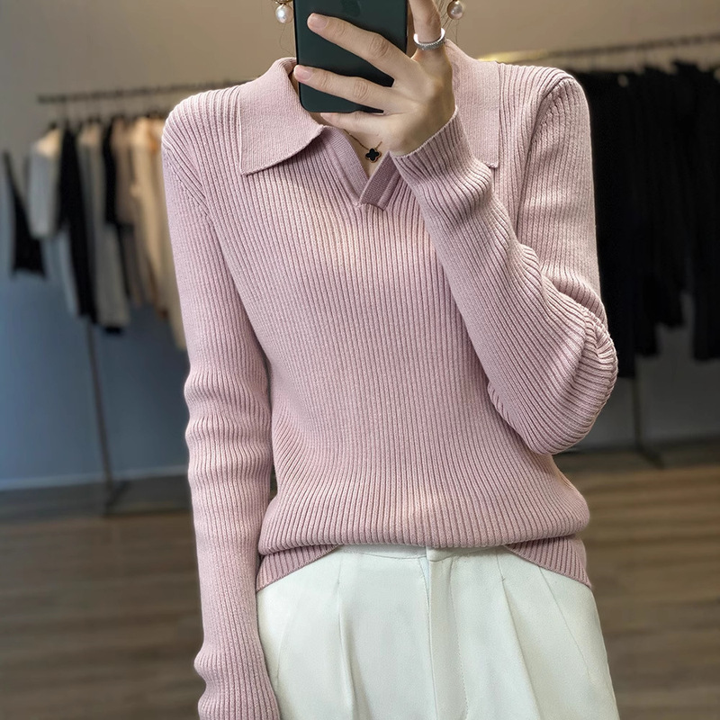 100% Cotton Knitted Base Shirt Women's Spring and Autumn Inner polo Collar Slim-fit Pullover Sweater Pilling-free Cotton Sweater