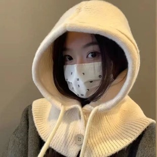 Women's Winter Woolen Knitted Hat, Hat and Scarf, One-Piece Face-Showing Small Ear Protection Korean Balaclava Hat to Keep Warm