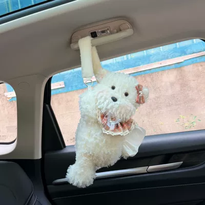 Cute puppy car-mounted tissue box, hanging creative car tissue box, tissue hanging bag, cartoon car interior accessories (Car tissue box/set) - forest-style-orange-grid-cute-puppy