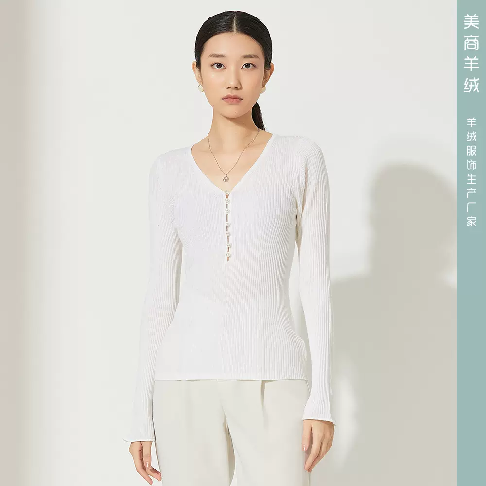 知性v领手工钉珠针织衫女100%纯羊毛坑条弹力打底衫百搭C20200212