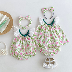 2024夏季新款嬰兒衣服女童韓版飛袖包屁衣女寶寶短袖套裝夏姐妹裝