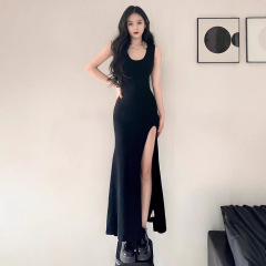 セクシーな純粋な欲望甘いホットガール黒サスペンダードレス女性の夏スリムスリットヒップカバーベストロングスカート