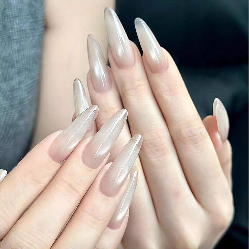 Simple and Sophisticated Long Pointed Style Clear White Moonlight Nude Crystal Cat Eye Press-On Nails Nail Stickers Finished Product Wholesale