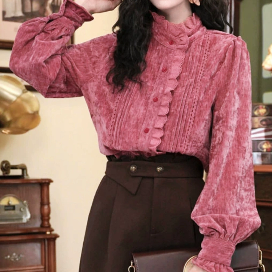 Тонкий темперамент с длинными рукавами моды ретро осенняя и зимняя рубашка румяна другие рукава принцессы
