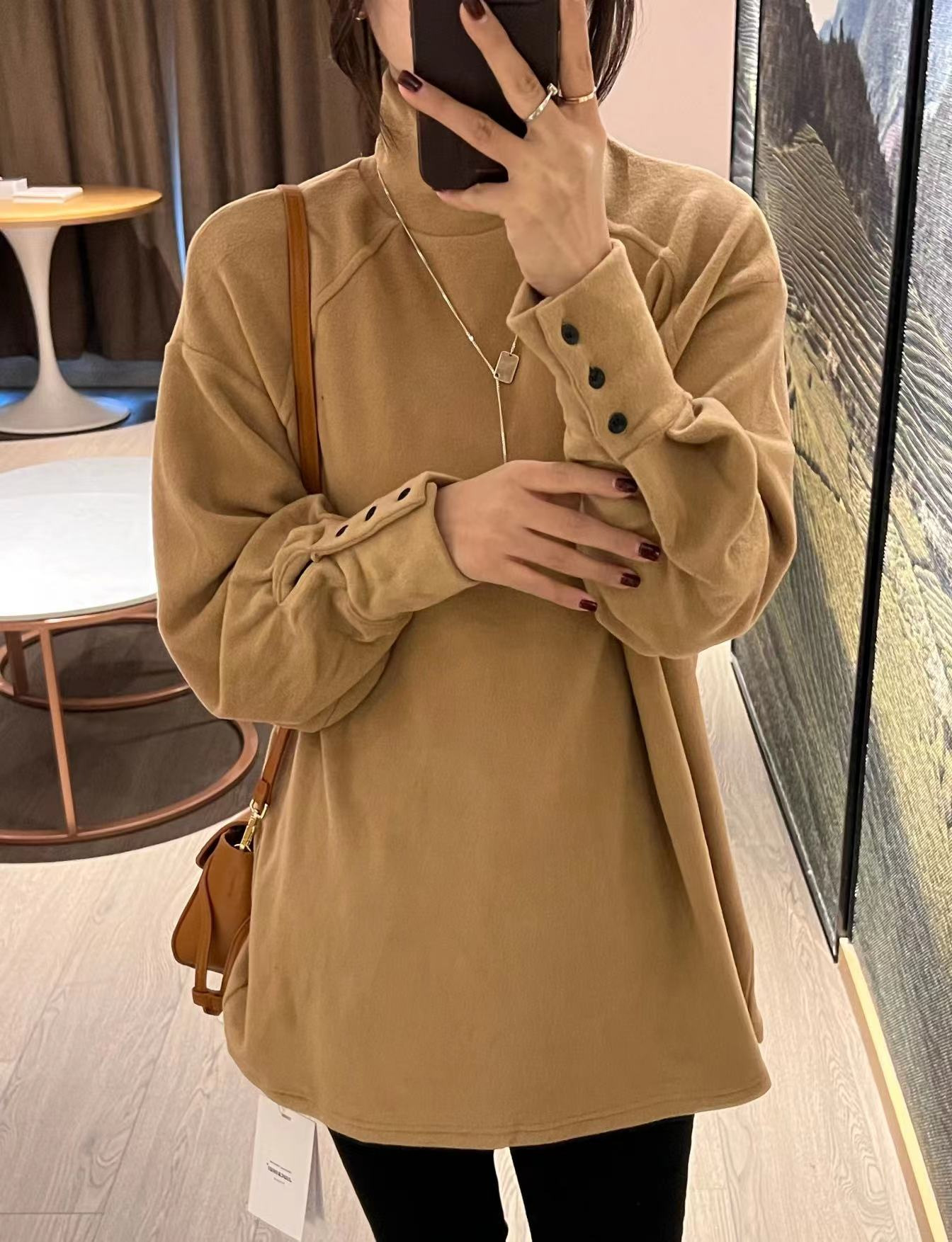 Women's Clothing New autumn and winter half high collar German velvet bottoming shirt for girls, loose thickened brushed long sleeved T shirt top_ipsvogv.com