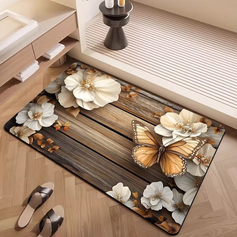 Modern Minimalist Butterfly Floral Diatomaceous Earth Foot Mat for Home Bathroom Entrance, Water-Absorbent, Non-Slip, Quick-Drying Door Mat