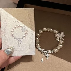 高级感蕾丝蝴蝶结手链小众轻奢满钻别针扣十字架流星人造珍珠手串