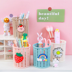 Cute student stationery storage desktop multifunctional makeup brush storage bucket creative cartoon imitation rattan woven pen holder