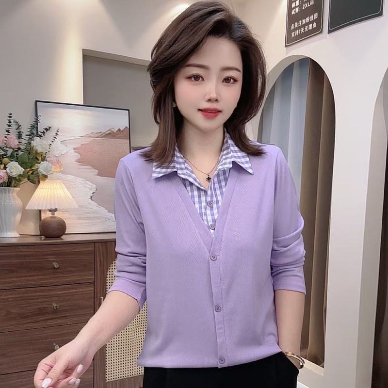 2025翻领减龄百搭春夏新款女装衬衫显瘦拼接格子领假两件女士上衣|undefined