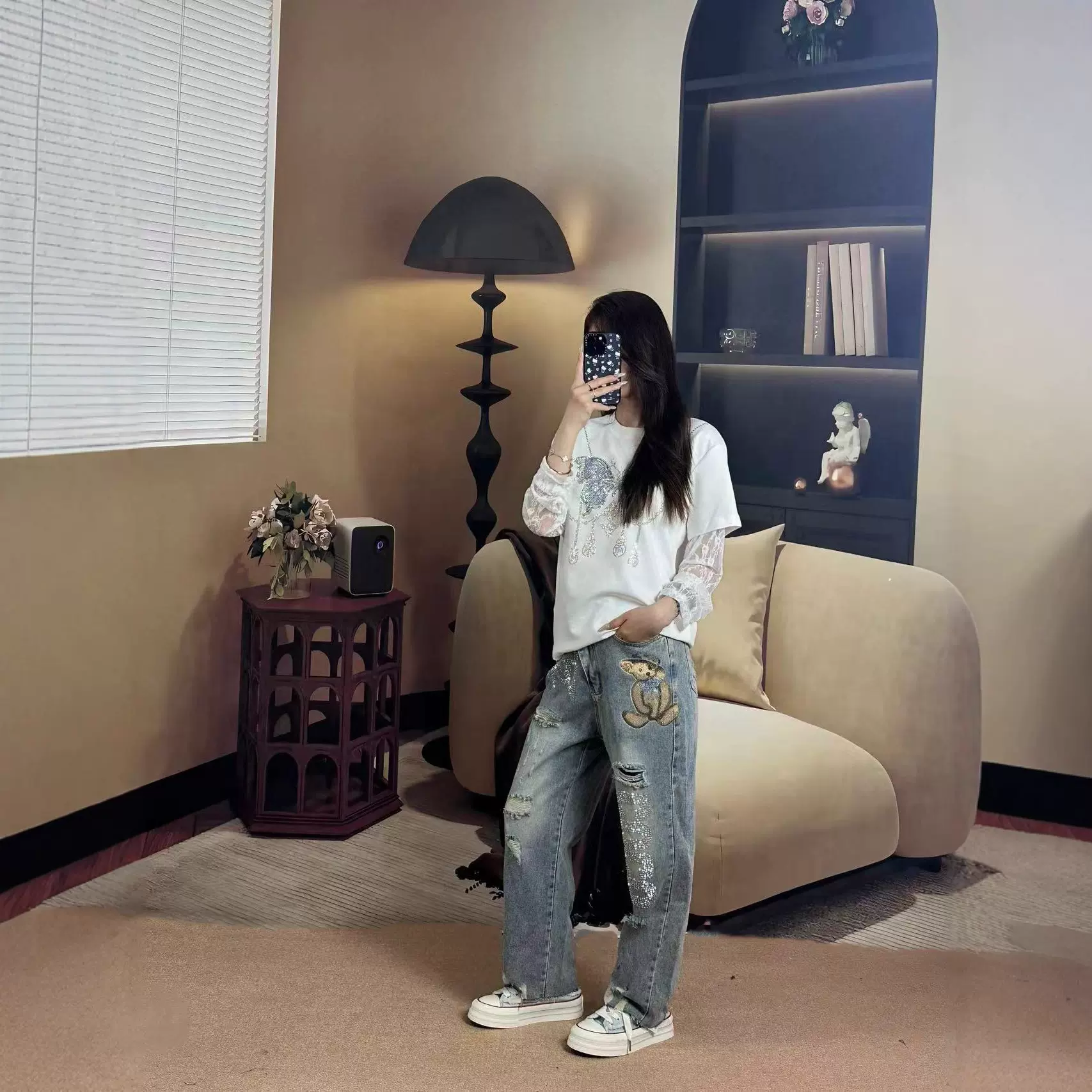 高腰破洞水洗牛仔裤女装设计感宽松做旧直筒裤高级感日常通勤裤子