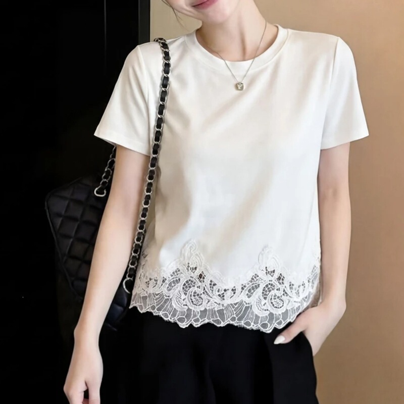 【40 Count 1*1 Cotton-Like Fabric】Lace Patchwork Short-Sleeve Shirt for Women, 2026 Spring/Summer New Style, Loose Fit, Slimming, Fashionable Top 【40 Count 1*1 Cotton-Like Fabric】Lace Patchwork Short-Sleeve Shirt for Women, 2026 Spring/Summer New Style, Loose Fit, Slimming, Fashionable Top