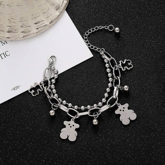 European and American ins cold style girl dark alloy double-layer bear bracelet love heart cross pendant bracelet